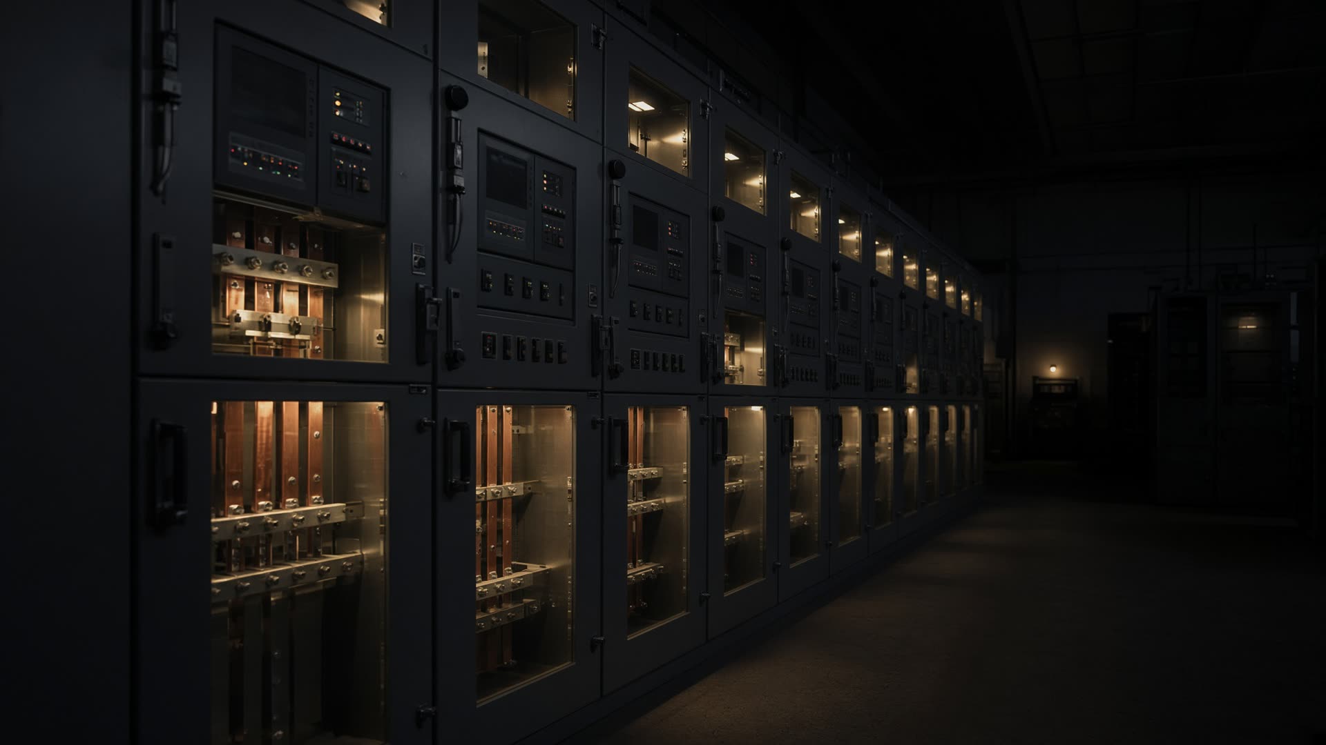 Industrial control room at night with champagne-gold lighting on switchgear
