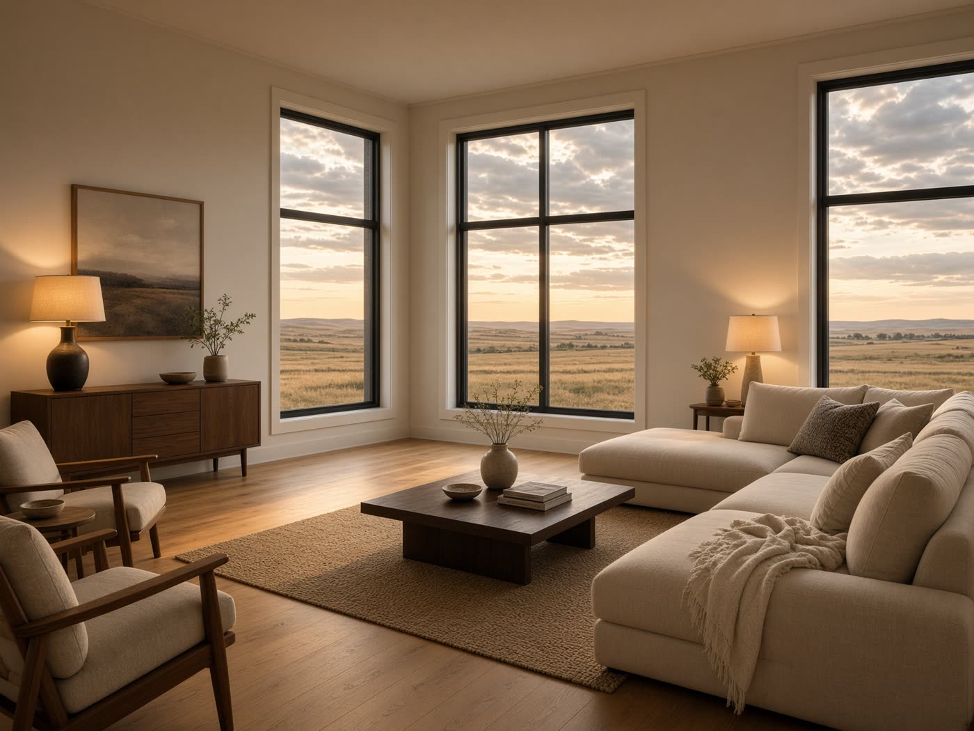 Premium Midwestern home interior at golden hour