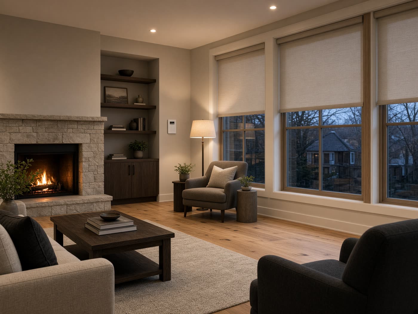 Living room with motorized fabric blinds